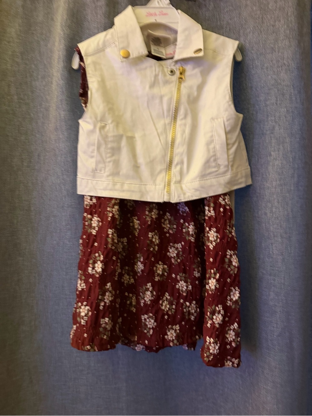 Little Lass White Vest with Maroon Floral Dress